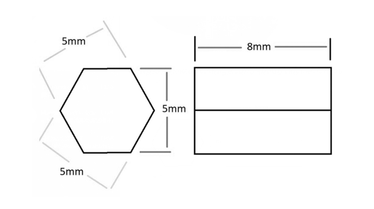 The size diaplay of Custom neodymium hexagon polygon cylinder magnet 5 x 8mm