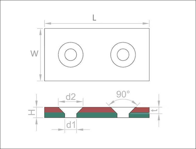 Rectangular countersunk magnet drawing