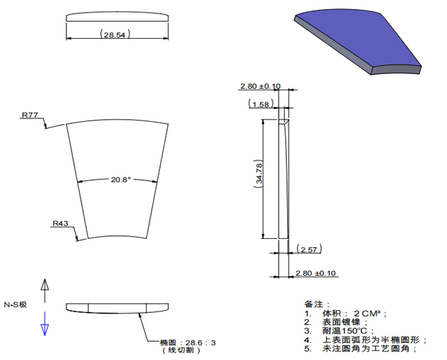 Schematic drawing of the basic dimensions of ferrite arc segment magne