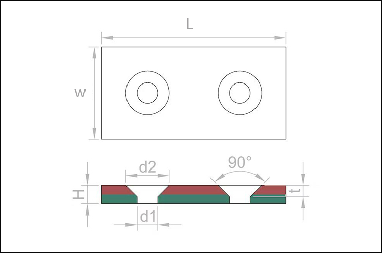 Diagram of dimensions of rectangular neodymium magnet with 2 countersunk holes