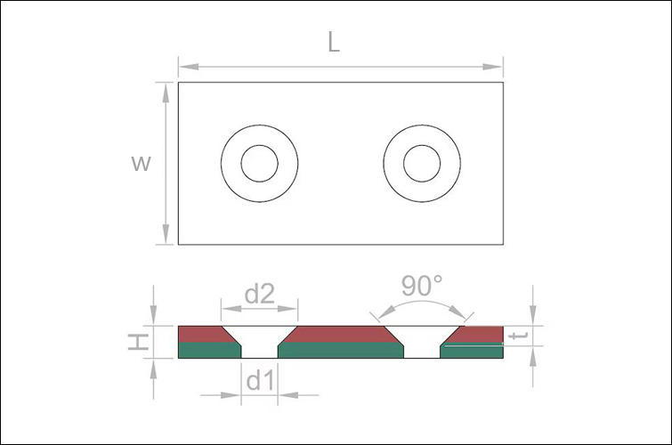 Diagram of a strong rectangular magnet with 2 screw holes