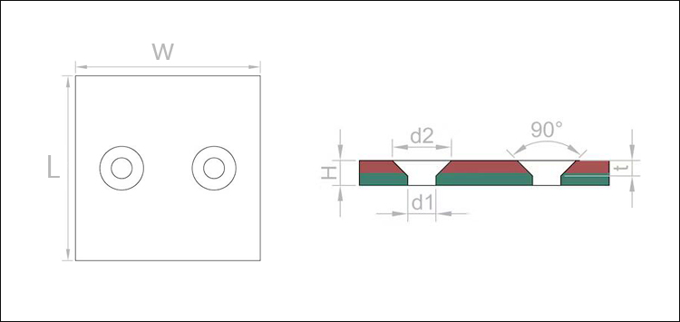 Drawing/diagram of square neodymium magnet with double countersunk hole