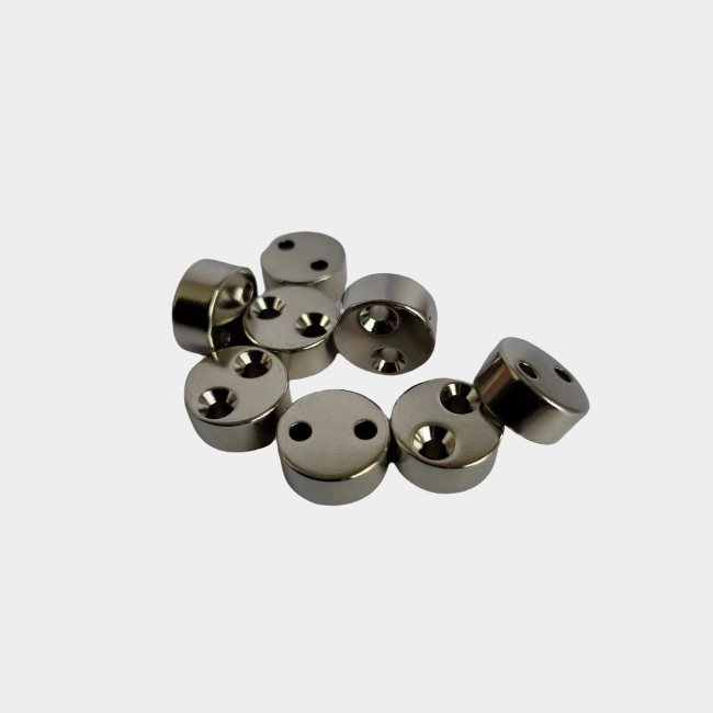 Custom shaped ndfeb round magnet with 2 countersunk holes