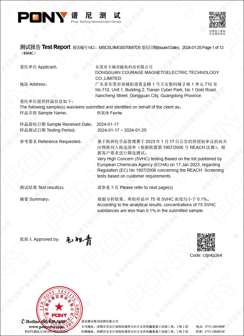 Ferrite Magnet SVHC(REACH) Test Report 2024