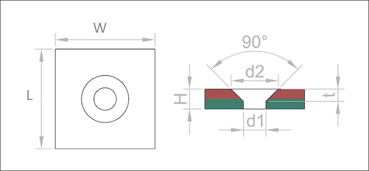 Typical Square Countersunk Hole Magnet Dimension Drawing