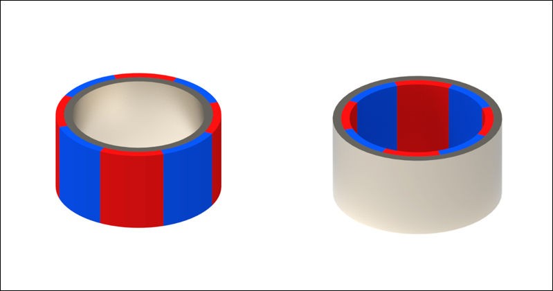 Outer diameter multi-pole magnetized monolithic ring and inner diameter multi-pole magnetized ring