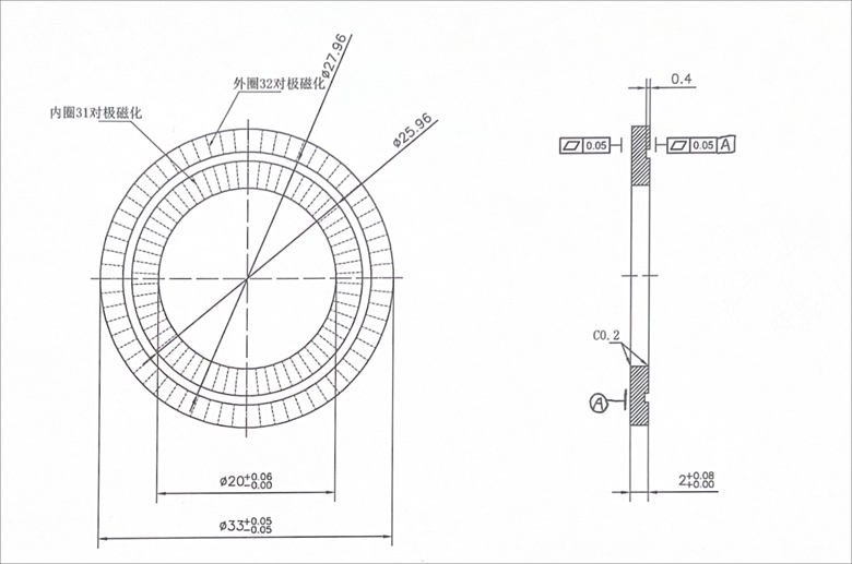 Multi-pole precision magnetized dual-track magnetic ring size drawing